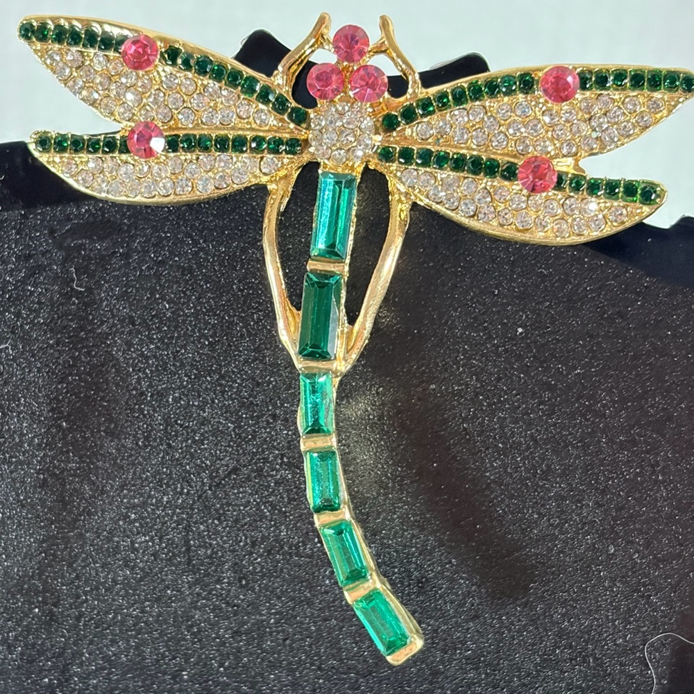 Elegant Gold Dragonfly Brooch with Green and Pink Accents